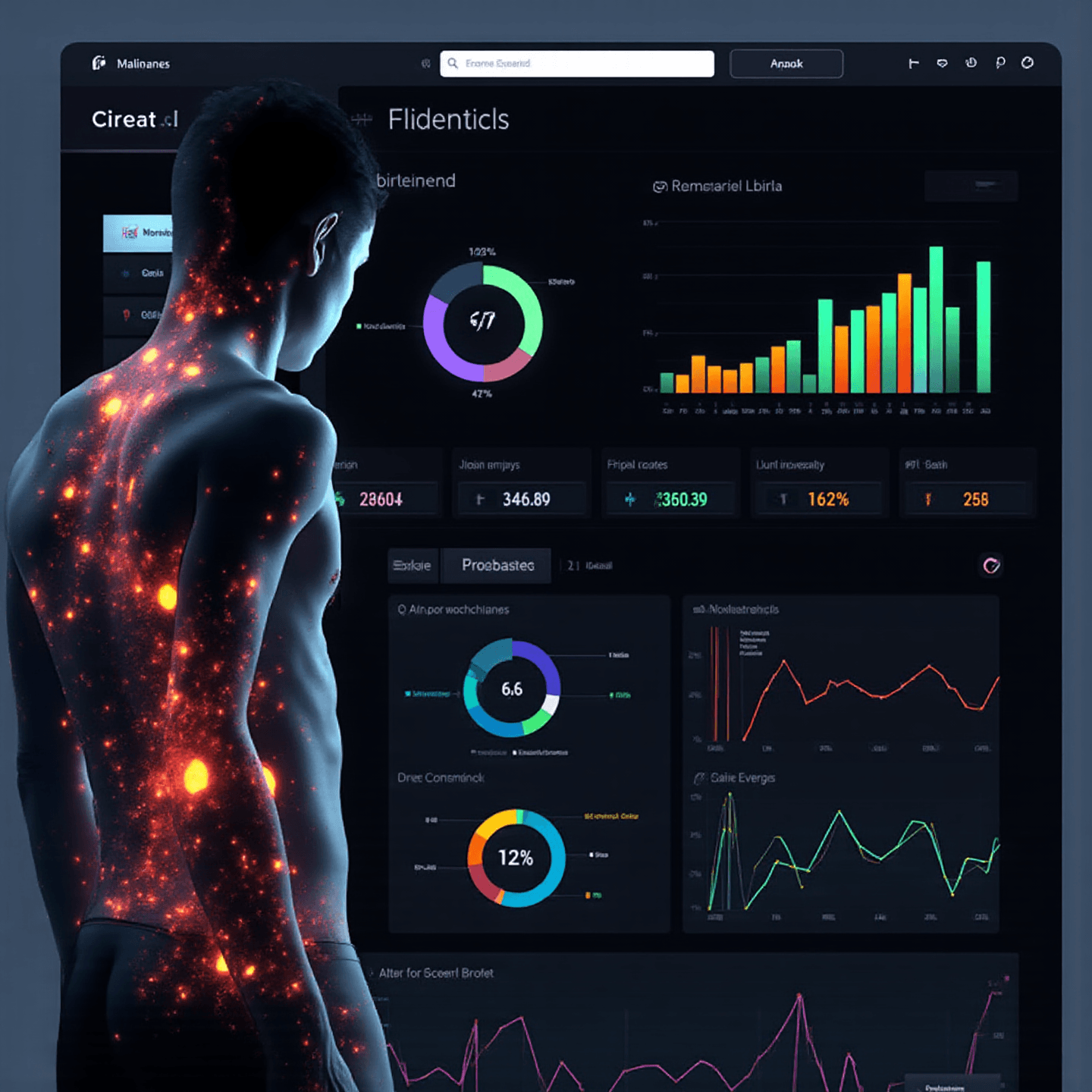 A figure with glowing red and orange spots stands before a dark data dashboard featuring colorful charts and graphs, displaying dynamic analytics.