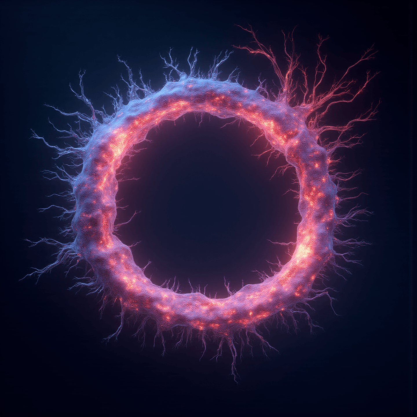 Colorful circular nebula with orange and blue hues against a dark background, depicted in a digital art style with network-like patterns.