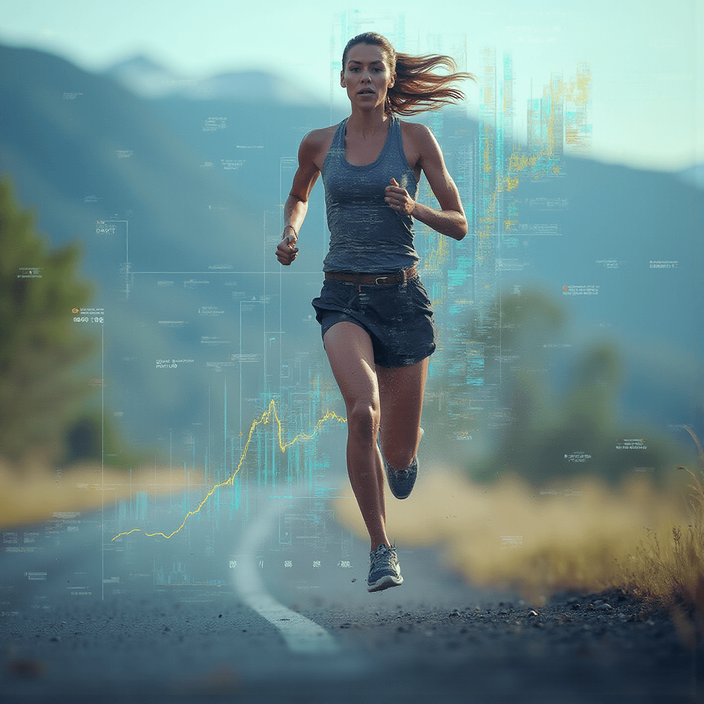 Woman in athletic wear running on a road with mountains in the background, digital graphs overlay, creating a dynamic and focused mood.