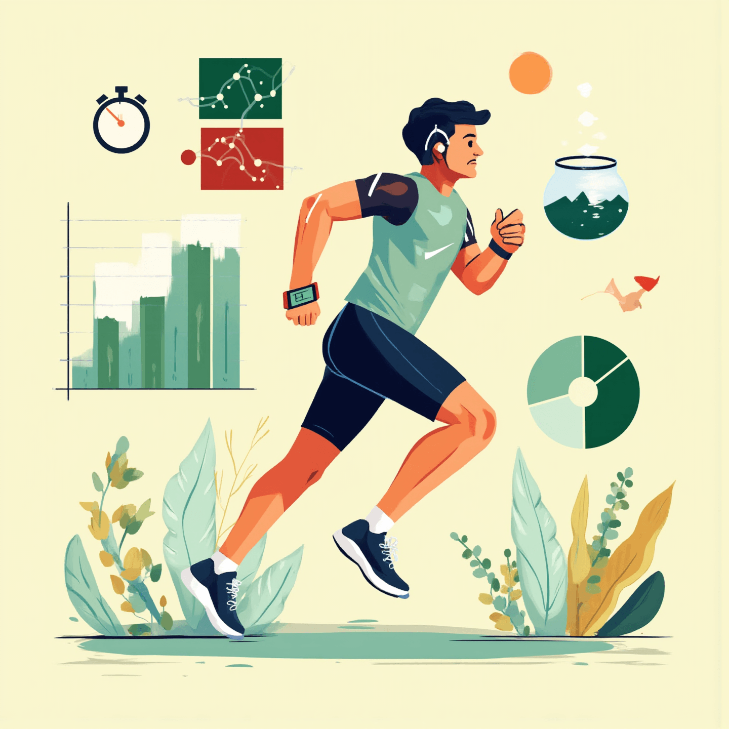 Illustration of a man running with headphones and smartwatch. Graphs, stopwatch, and nature elements in the background with a dynamic, energetic vibe.