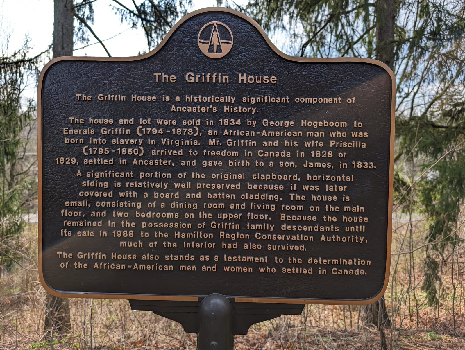 Historic plaque titled "The Griffin House" in a forest. Text details African-American history and Griffin family legacy in Ancaster.
