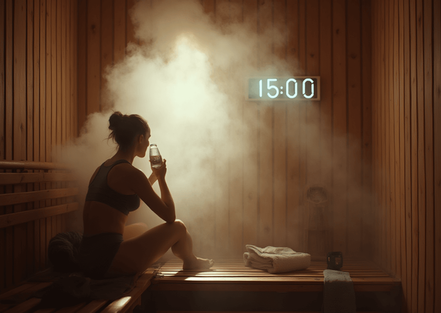 Person in sportswear sits in a steamy sauna holding a water bottle. Wood paneling and a digital clock showing 15:00 in the background. Relaxed mood.