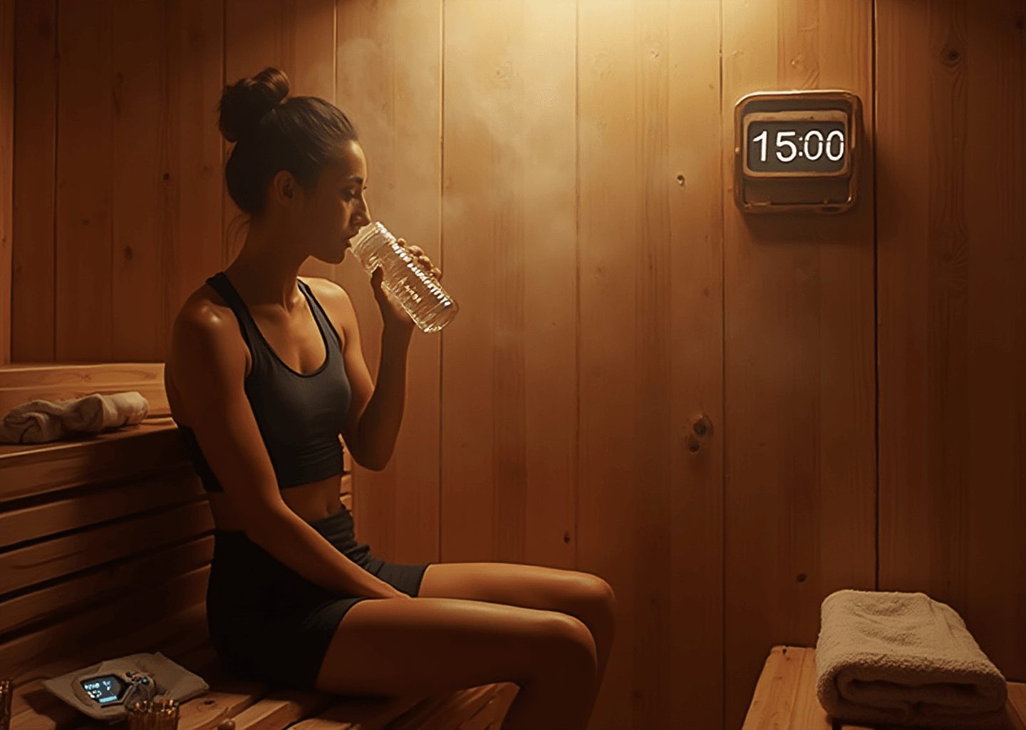 Woman in workout attire drinks water in a wooden sauna. Steam visible, clock shows 15:00. Relaxed mood, towel and device nearby.