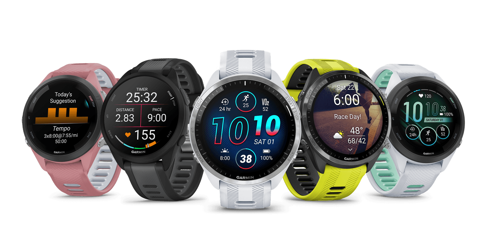 Five smartwatches display various colorful fitness data, including steps, heart rate, and weather. Bands are pink, black, white, yellow, and mint.