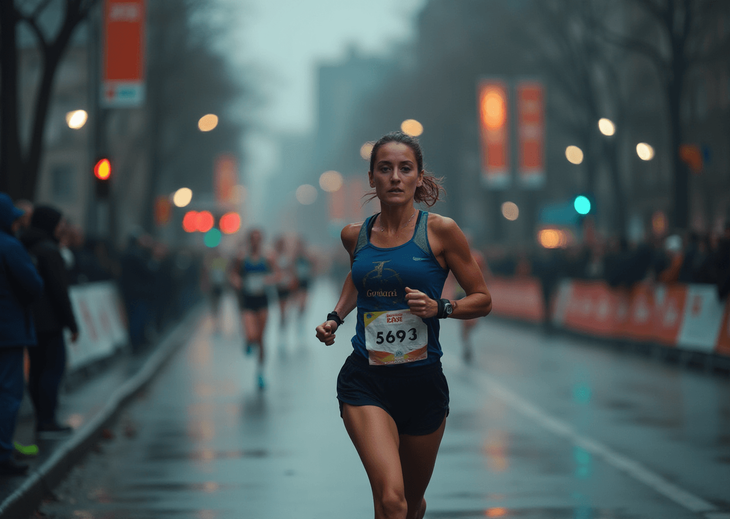 Runner in blue tank top, number 5693, focused in a city marathon. Crowd lines rainy street; atmosphere is determined, slightly foggy.