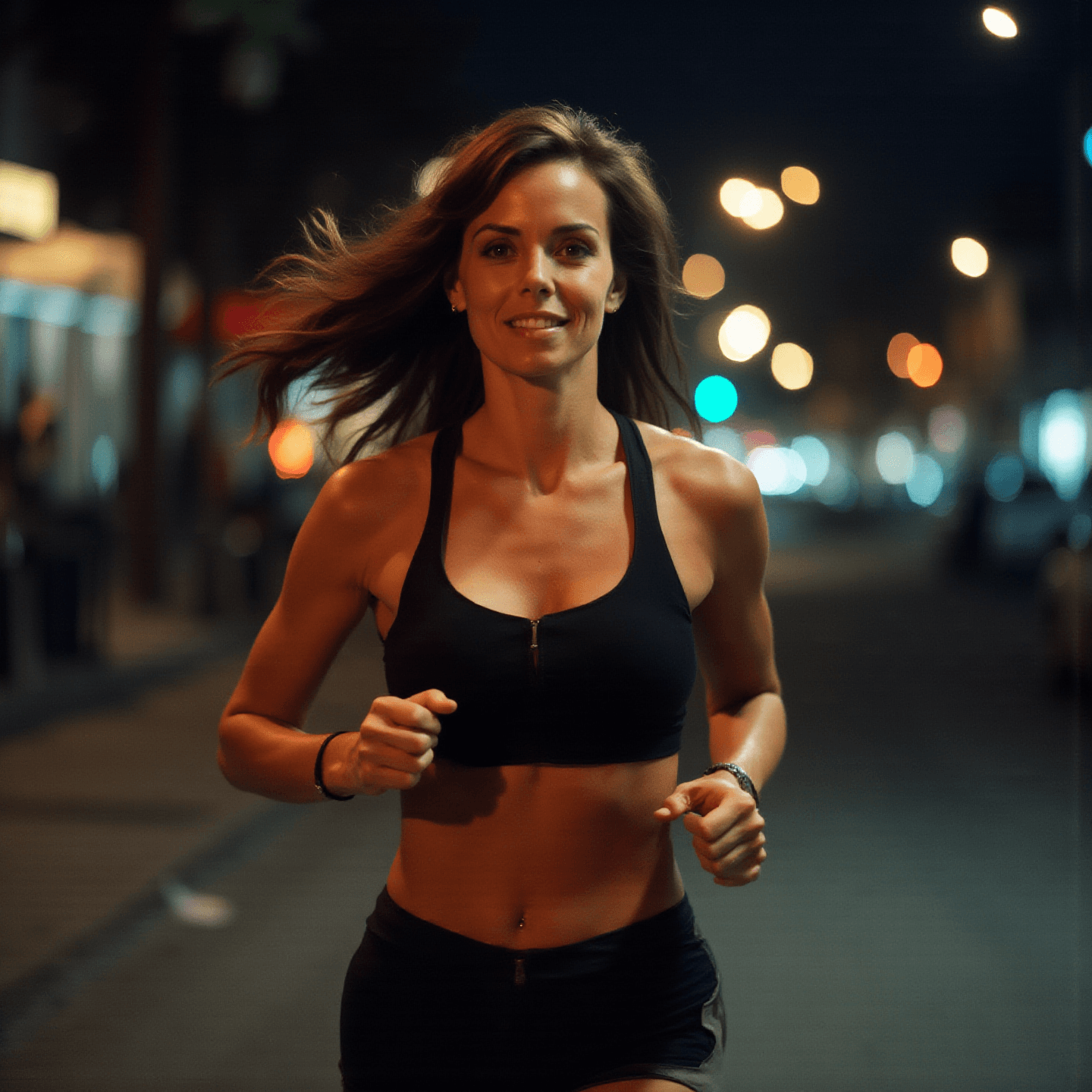 A woman runs at night on a city street, wearing black athletic gear. Streetlights create a bokeh effect, adding a vibrant urban mood.