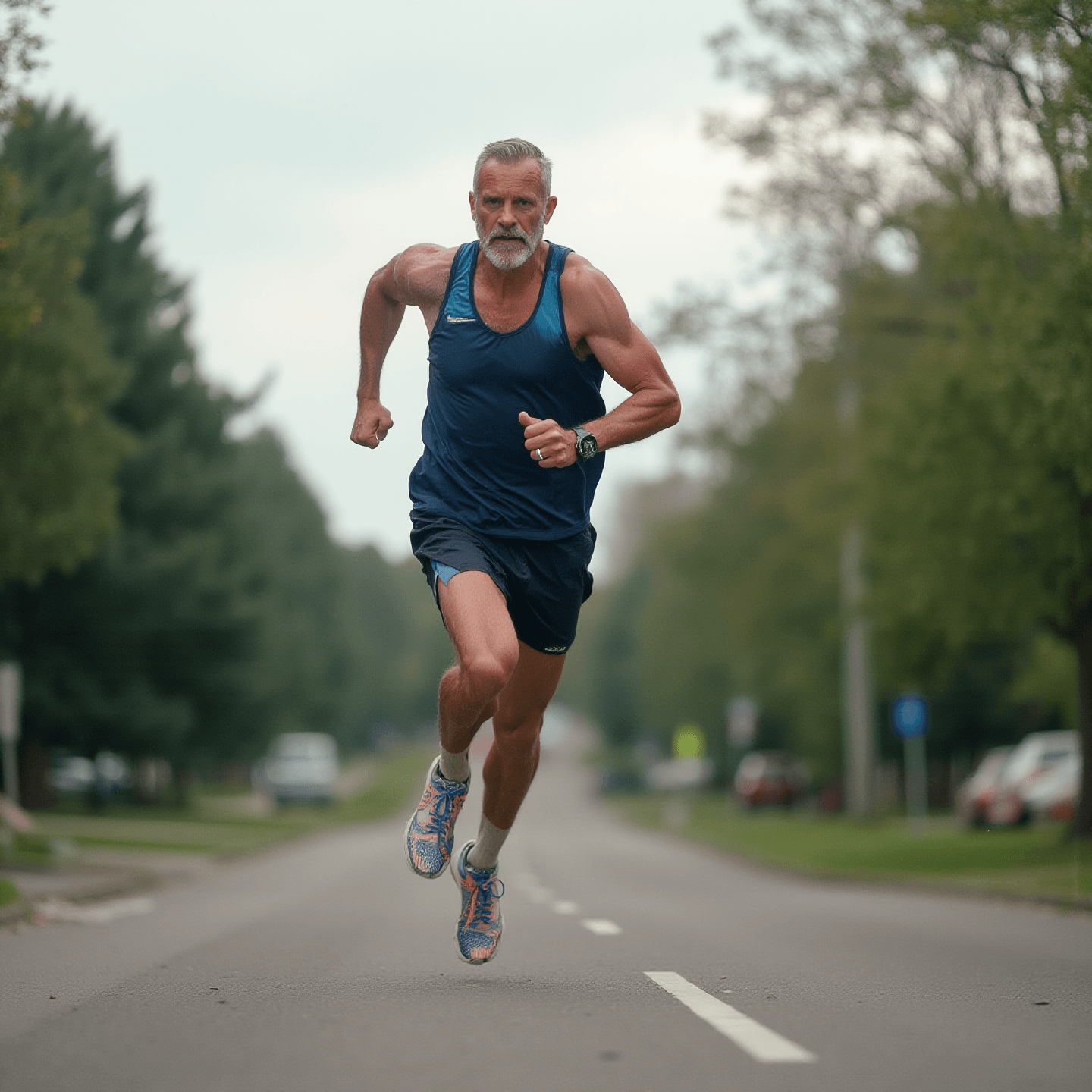 Man in athletic gear running down a tree-lined road, displaying determination. Wearing blue tank top, shorts, and colorful shoes. Overcast day.
