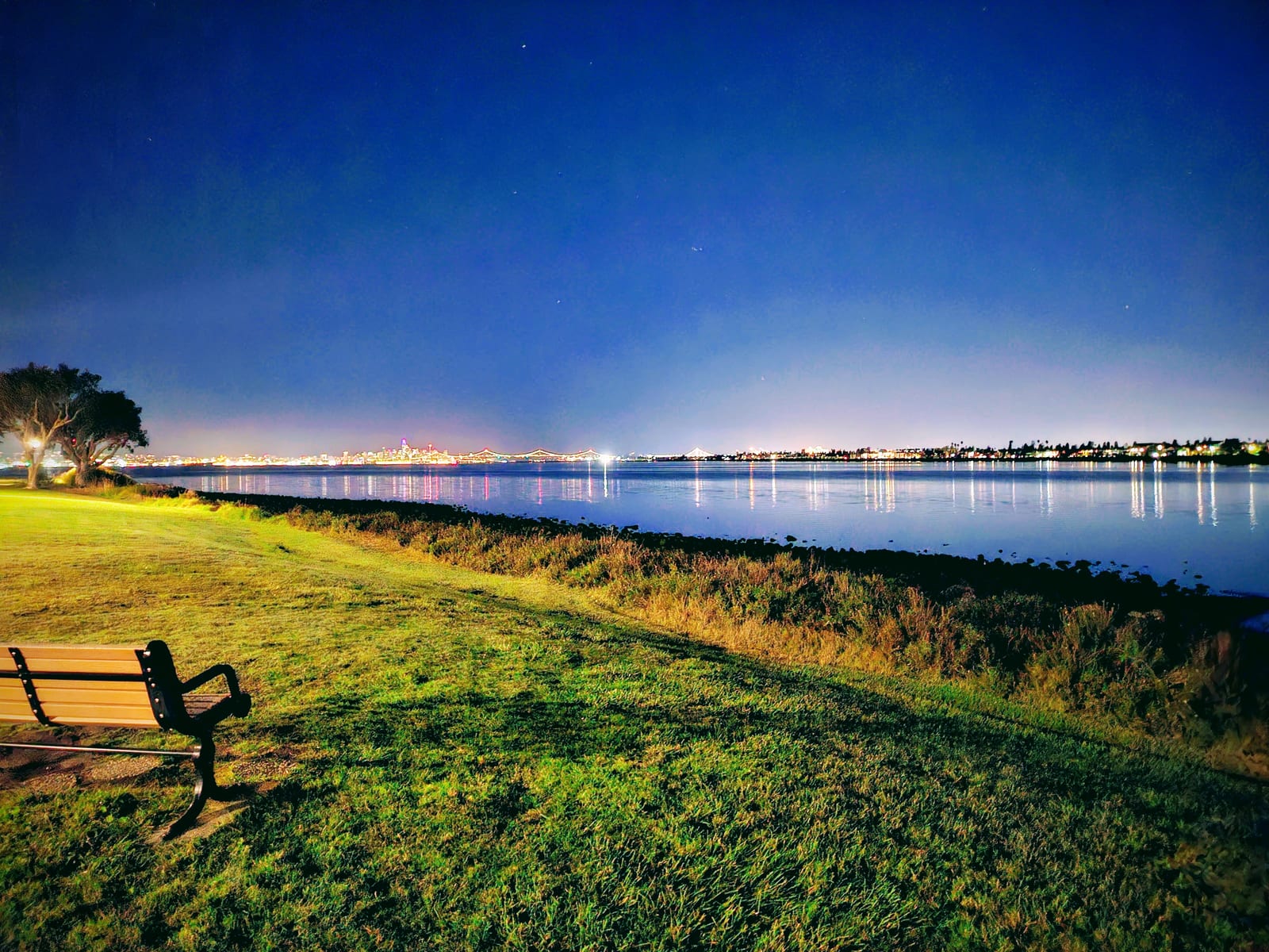 A park bench on grass overlooking San Francisco Bay lake early in the morning. City lights reflect on the water, creating a peaceful, serene atmosphere.