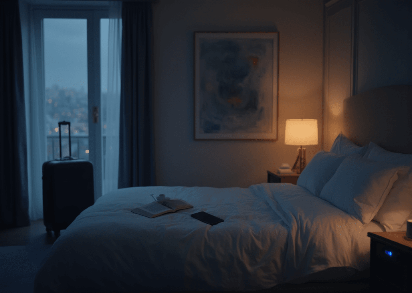 Cozy bedroom with a lit lamp, open book, and phone on a bed. A suitcase is by the window showing a cityscape, evoking a calm evening mood.