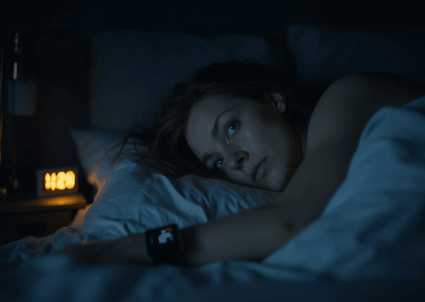 Woman lying awake in bed at night, looking pensive. A digital clock shows 11:28 PM. Soft lighting creates a calm, introspective mood.